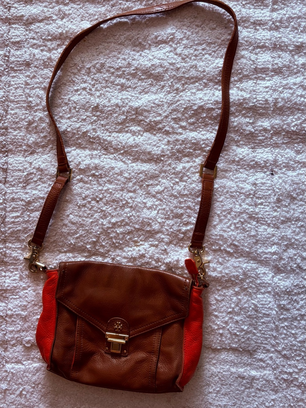 Tory Burch Brown Leather Crossbody with orange Side Panels
